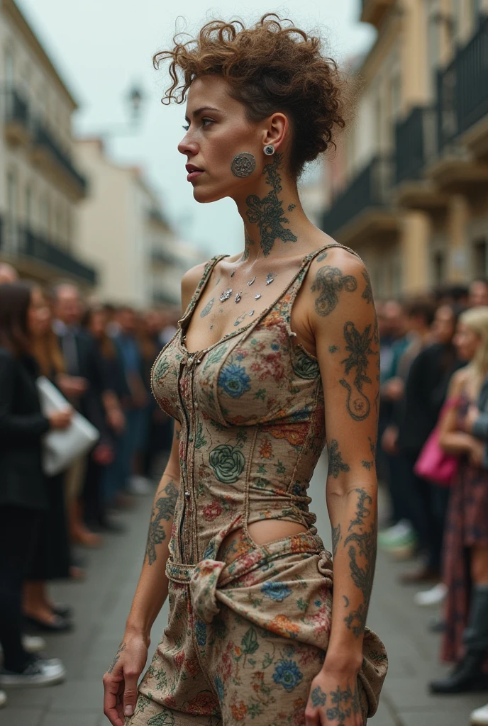 ((best qualityer)), ((work of art)), (detailded), 1 white girl walking around naked,new, standing backwards, tattooed butt, clear eyes, pink breasts, through the streets of Brazil, fabric over the shoulder. a crowd looks at her. Ultra sharp details