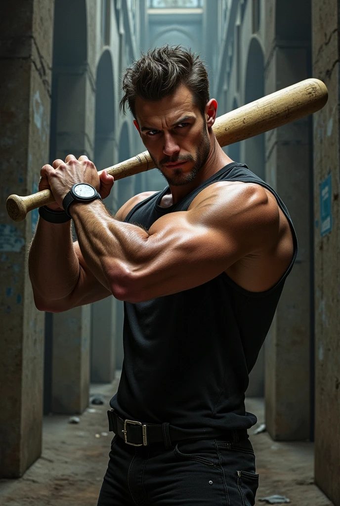 Sexy man holding a baseball bat, tiene brazos fuertes, rostro guapo. Tatuaje en un brazo.