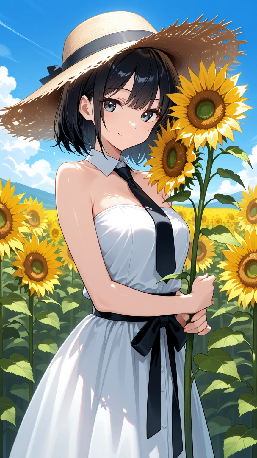 Kōsuke Fujishima style , Anime magazine pinup , clothed erotica , cat woman , wide hip , summer dress , Sunflowers are blooming , heart is beating fast with anticipation , apart melons