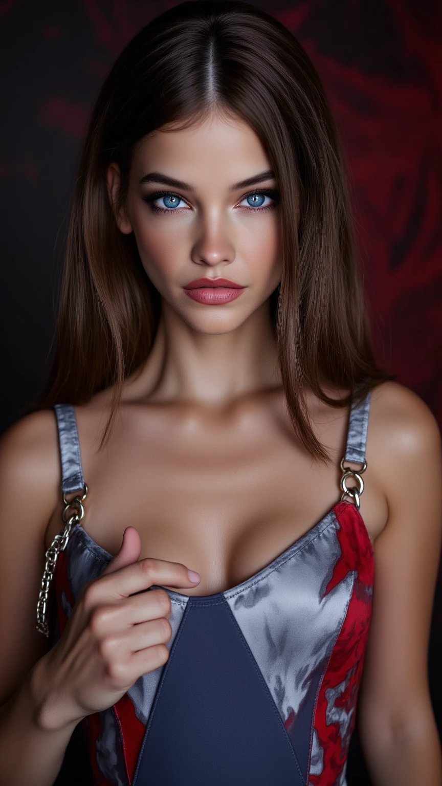 (masterpiece, photorealistic:1.4, extremely intricate:1.3), (photon mapping, radiosity, physically based rendering, ultra resolution, hyper-realistic, photorealistic:1.4, hyper-realistic, 8K), ((((closeup breasts portrait, [supermodel:athlete:0.2], (wide eyes, long lashes)), long straight ([glossblack hair:blonde hair:0.7], [makeup:freckles:0.7])), necklace), blue eyes), smile. laugh, BREAK, (((indoor, restaurant, party, night, dark, shadows, (red platinum chinoiserie elegant:1.3 dress))))