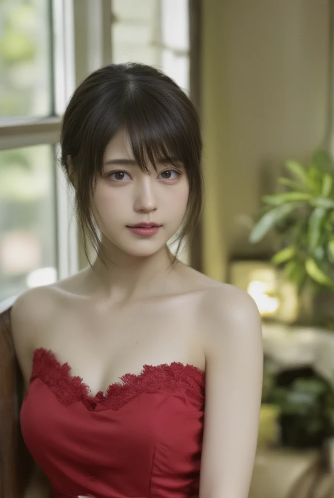 (kimono, Complex red, Satin:1.4),
((highest quality, 8k, masterpiece: 1.3)), Perfect body beauty: 1.4, (Breast A cup:1.2), Small breasts, Round shaped breasts, Perfectly shaped breasts, Highly detailed face, Beautiful woman, (Dark brown shortcuts), Slim face, Highly detailed face and skin texture, Highly detailed lips, (Realistic:1.4),

((32 years old, A sexy beautiful announcer:1.2)),

((Narrow Japanese-style room, Shoji screen, Sit with your legs stretched out on the white futon, I start taking off my kimono, See-through underwear, I can see your beautiful thighs, Manicured pubic hair:1.7)),
((Sexy atmosphere, hold out your lips, Mating with males, A sigh escapes, Disheveled Hair, Hold your chest with your hands)),

((Dark room, Lantern:1.2)), 
((Squint your eyes)), 
((purse your lips:1.2)),
((Blushing:1.2)),
((Open your mouth a little to show your white teeth)), 
((Cute cleavage, Small breasts,Flat Chest:1.2)),

Narrow shoulders, Long, slender legs, Thin waist, 
Ultra-detailed skin, Glossy Skin, Ultra detailed face, Ultra detailed breasts, 
Ultra-detailed eyes, Slit eyes, Brown eyes, double eyelid, Beautiful thin eyebrows, Thin, long eyelashes, 
Ultra-detailed lips, Fuller lips, Glossy pink lips, Flushed Cheeks, White teeth, 
Beautiful actress&#39;s languid make-up, Pink lipstick, Smoky eyeshadow, Eye foundation, 
Dark brown hair, Delicate and soft hair, Hair blowing in the wind, 
(Elegant curly hair, short hair, Straight Hair:1.5), Layered Cut, (Blunt bangs:1.2),
