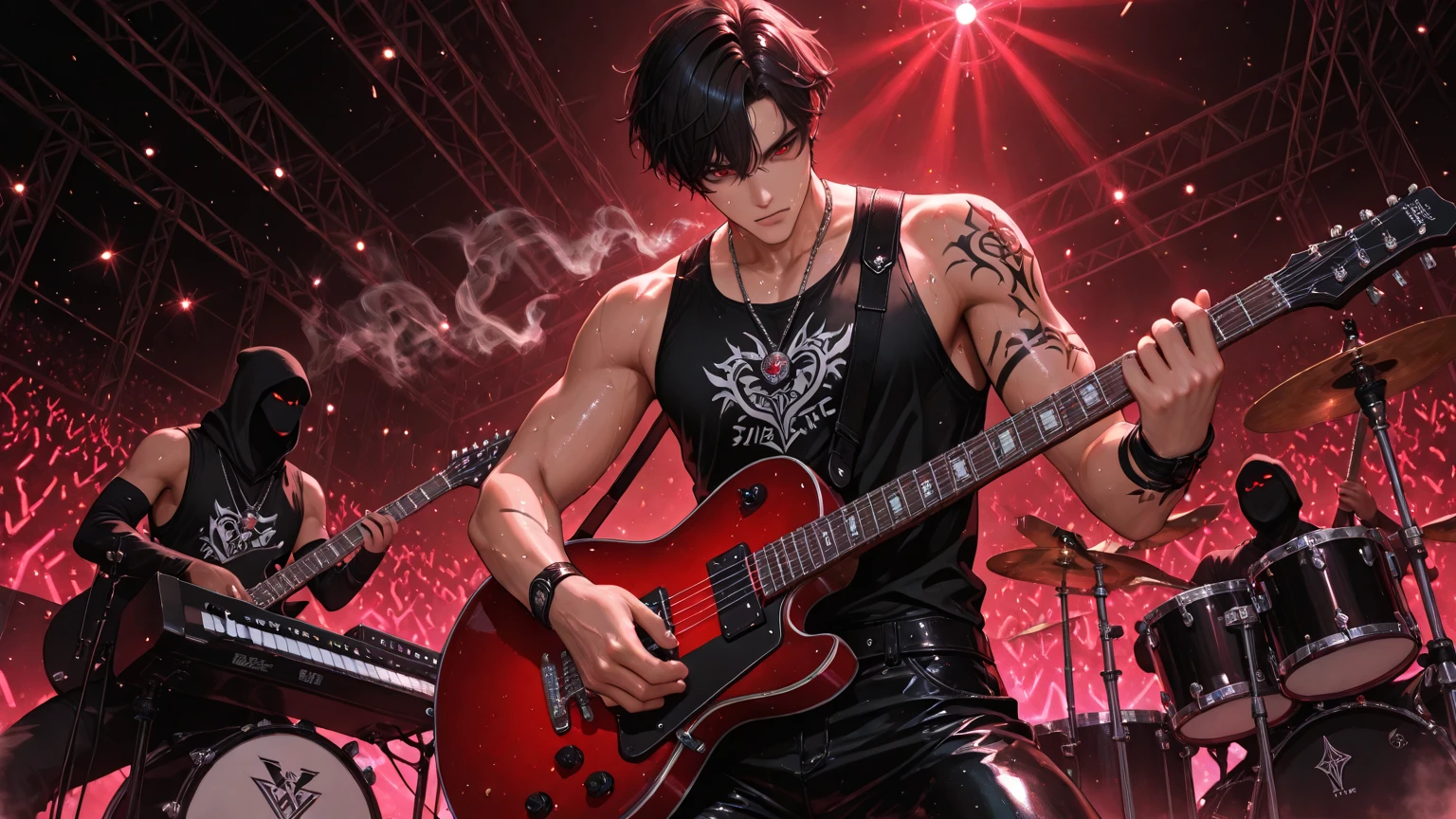 1 male, high resolution 8k, adult, handsome, perfect face detail, detailed eyes and face, clean shaved, sixpack realistic, white eyebrow hair, white eyelashes, dynamic lighting, unreal engine, hd picture, satoru gojo, Jujutsu kaisen, white hair, short hair ,hair between eyes ,blue eyes, white skin, chain necklace, Bring a guitar, band stage background, Leather pants