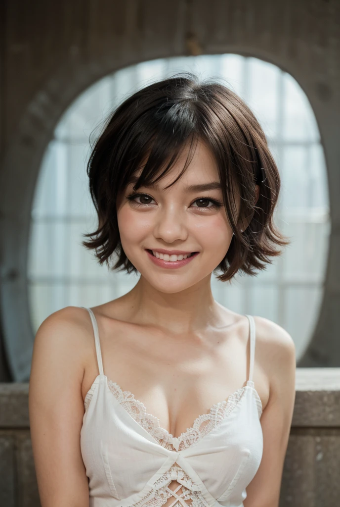 (Hyper Reality: 1.35), (Realistic: 1.4), A beautiful Japanese woman, smile, alone. (((No makeup))), masterpiece, 最high quality, high quality, alone, Very good, Latin, puberty, Only one girl, ((Perfect body)),((最high quality)),((Hello)),((Very delicate and beautiful)),((Very shallow depth of field)), Hmph,((Incredibly shallow depth of field)). family friendly, ((Very delicate and beautiful)), (((Very shallow depth of field))), Hmph, (((Unbelievably absurd))), (((Perfect body))), dark brown hair, blowing boyish bob hair, shag messy hair, wolf cut, big hair, windで揺れる髪, Slim body type, ((( Camera Eye)))), (((small ))), (((A happy and wonderful smile))), poor, my + background, Dynamic Angle, Focus on the woman's eyes, {Particles of light}, Detailed background, Soft lighting, (dramatic), sunset, very beautiful sunset, Live Action, Realistic, cute smile, (blurred background), (((11 years old))),, ((wind)), ((Movement)), ((emotion)), ((colorful)), ((Baby Face:1.4)), ((Beautiful Teeth)), Wither, sea background, nsfw:1.8, BDSM:1.6, Very fair skin, ((super extra enormous breast:1.4)),(((cleavage1.4))), (((V-neck knit T-shirt))), (((from below))),