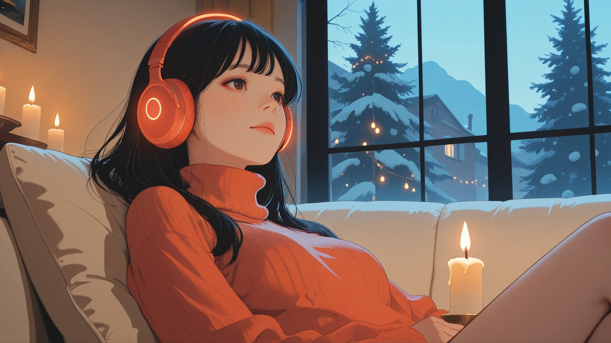 A cozy Christmas living room at night with a glowing fireplace and a decorated tree in the background. A teenage girl sits quietly on a soft sofa, wearing a warm red turtleneck sweater and over-ear headphones. She is not looking at the camera and is slightly leaning back, deeply immersed in music, with a calm and serene expression. Her pose is relaxed and still, with minimal motion, ideal for animation keyframe or cinematic use. The room glows with warm firelight, soft string lights, and candles on the mantel. Snow falls outside the frosted window. The entire scene is lit in soft amber and golden tones, evoking warmth and nostalgia. Photorealistic, cinematic lighting, high detail, static composition, warm color palette, peaceful atmosphere.