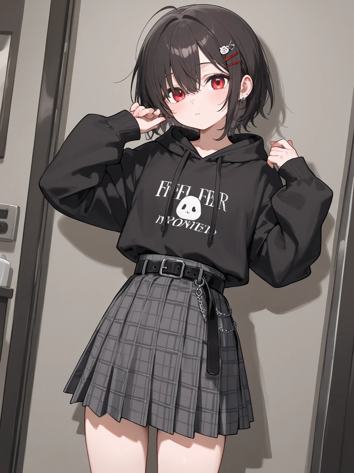 best quality, super fine, detailed black eyes, 16k, incredibly absurdres, extremely detailed, emo highschool girl opening the door inviting you, looking at camera, tilt head, emotionless expression, punk fashion, long black hair, black collar, weird long-sleeves oversized hoodie, full body, dim lights, (magnificent view:1.1)