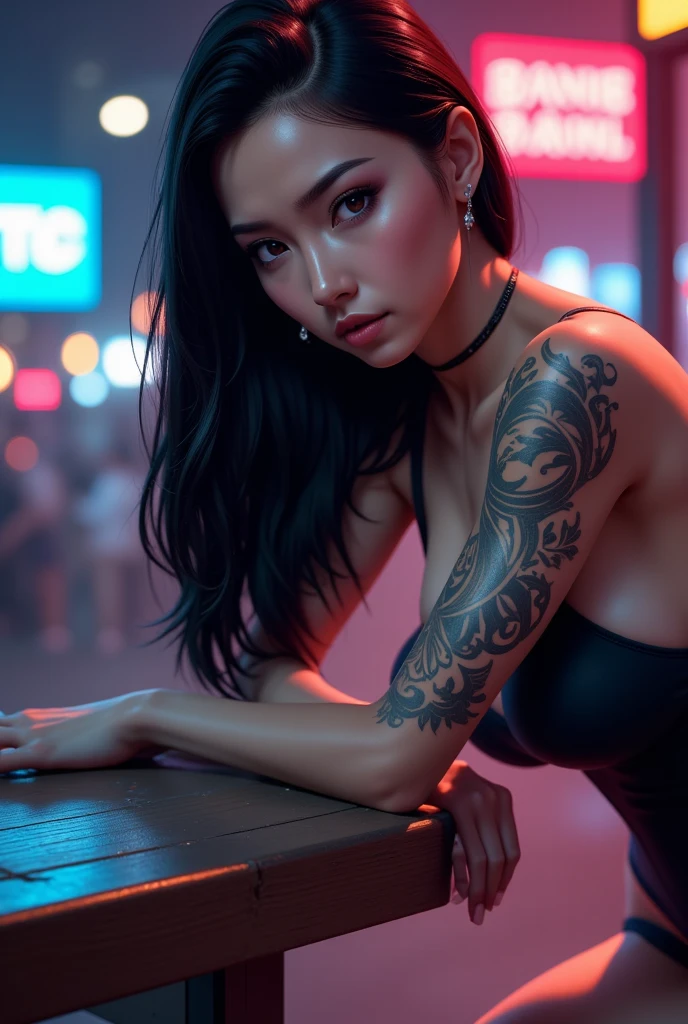 Tumblr-style city photo shoot with the Canon EOS Mark V, - 80mm anamorphic lens, ISO 100, shutter-speed 1/1450s, Autofocus perfectly captures depth between photos, ultra clear image, Perfect contrast and color, sunset time, A cyberpunk city with a futuristic atmosphere with neon lights in the background, The model is the incredible actress Riley Reed, posing boldly, a well-defined face, fine-detailed, honey-colored eyes, Various tattoos on the neck, Face and hands, Ultra contoured hair line by line, Perfect tanned skin, reflecting the faint light of the sunset, Super sexy photo, Torne o visual natural e casual 