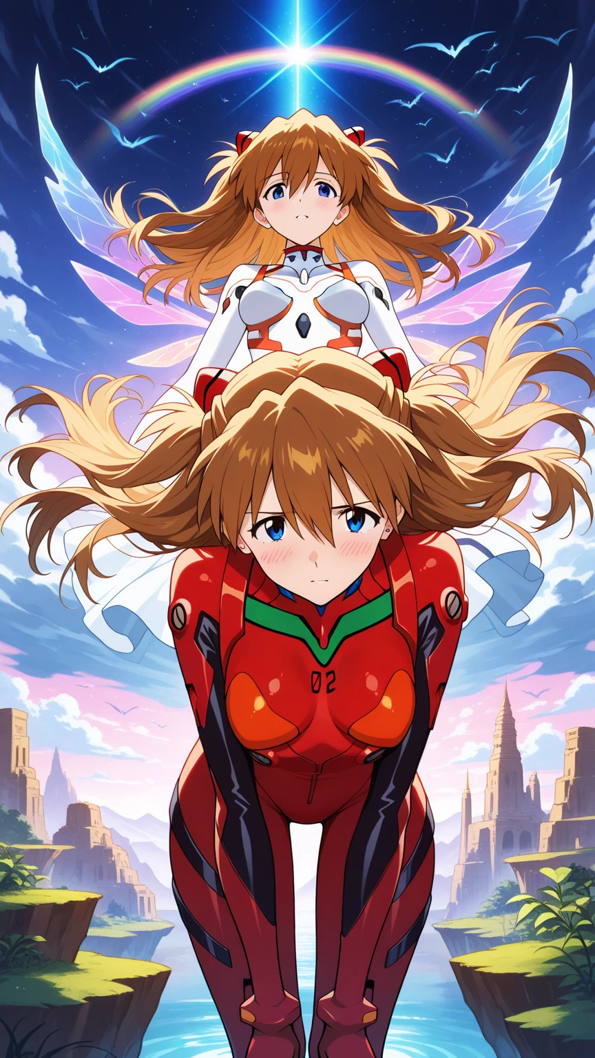 Realistic wide-angle photos,Dynamic Angle,Extremely detailed, illustration, straight on, 1 girl, ((Muneru Asuka Langley, Interface Headphones, Red leggings:1.4, Blonde)),Her eyes shone like Dreamy stars,(Glowing eyes:1.233),(Beautiful and delicate eyes:1.1),(Everlasting), Standing on top of Tokyo Tower (在漆黑的night), Soft Light, (night:1.2),Dreamy, [[Slender fingers and hands:0.55]::0.85],(Detail fingers)