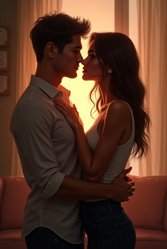 Amazing portrait of a sexy and  woman  wearing a black and white striped t shirt and a dark green skirt kissing and making out passionately with a  boy on the bed in an intimate setting