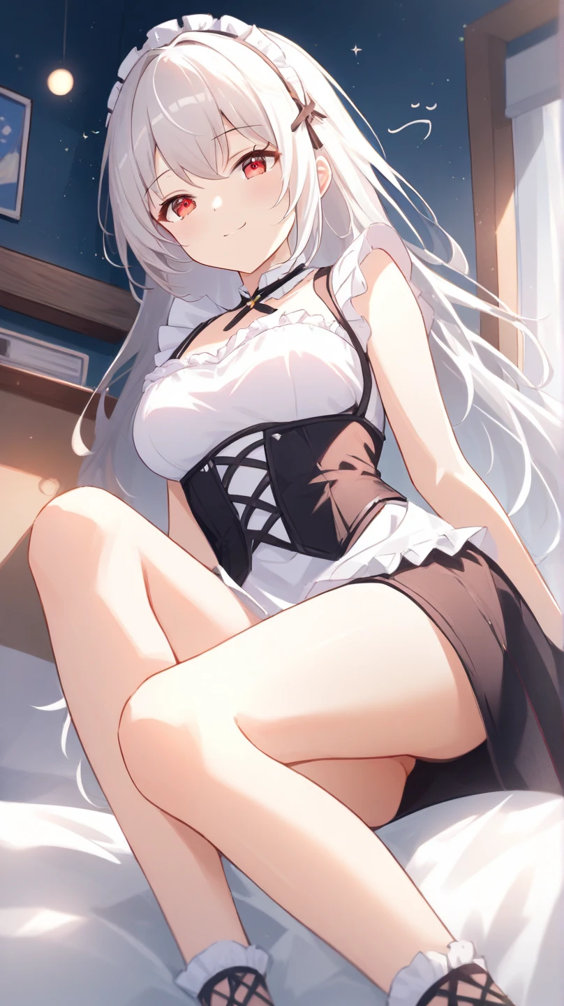 ((Masterpiece, Best quality))++, Detailed light+, Detail hair+, detail hand+ ,1girll, woman, Long hair, dark red eye, Beautiful eyes, Young gray hair,,(Beautiful white hair:1.5),(Beautiful detailed eyes), , high resolution+, Masterpiece, , Glass tones, Reflective eyes, {{Angle}} , extremelydetailedwallpaper, Original,full bodyesbian,Bedrooms,upper legs, Beth,starrysky,Issuing,,swim wears