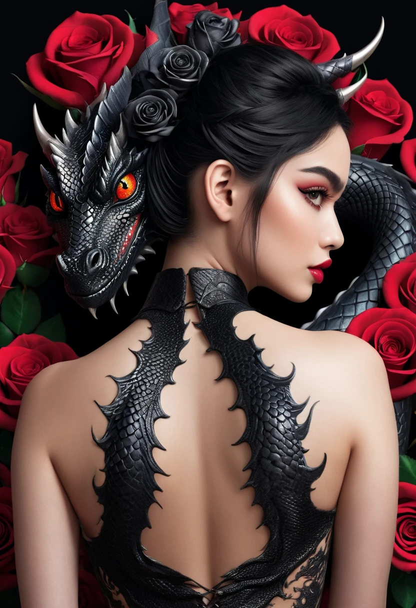 a beautiful woman's back with a intricate detailed black dragon tattoo with roses, hyper-realistic, detailed skin texture, masterpiece, 8k, beautiful detailed eyes, beautiful detailed lips, extremely detailed face, long eyelashes, realistic, photo-realistic, physically-based rendering, vivid colors, dramatic lighting, intricate details, cinematic composition, gothic fashion, dramatic pose, naked. side boob, perfect arse, stockings