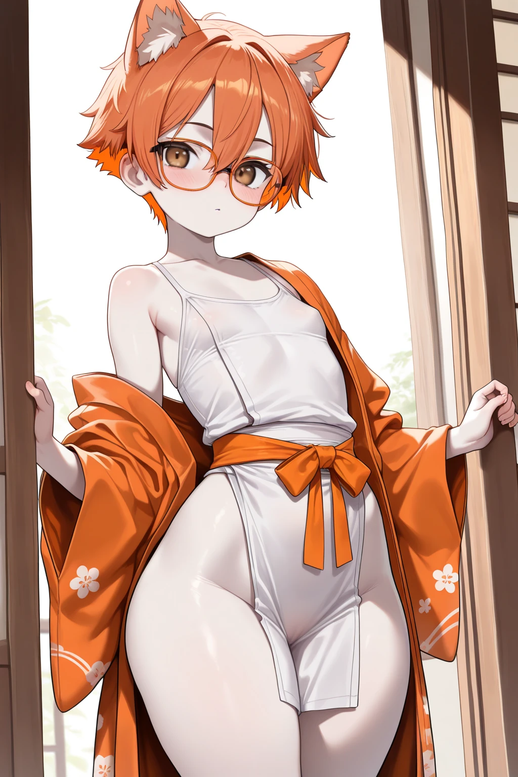 orange color hair、hime-cut、Golden Eyes、eye glasses、ssmile、Early teens girl、Smaller chest、Thin pubic hair is visible、Open the white robe、Opening legs、Rural steppe、low angles