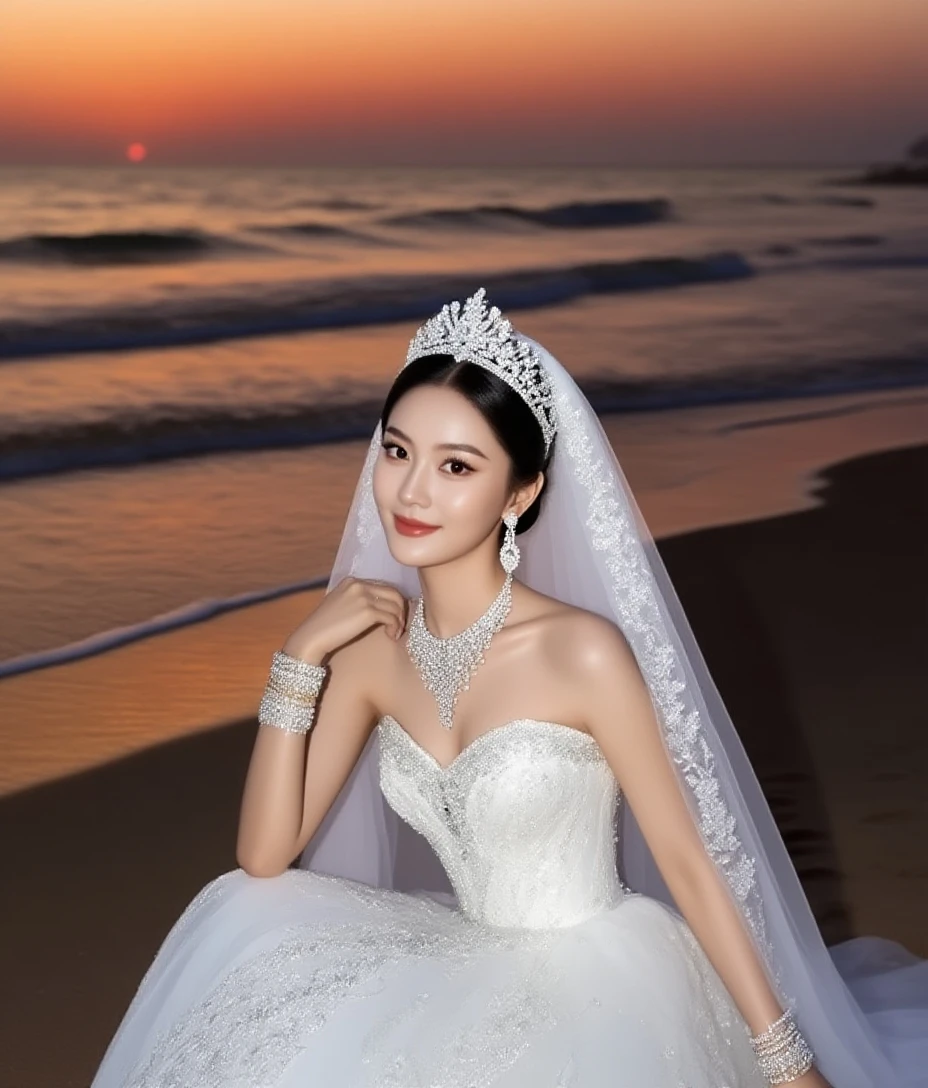 Иллюстрация  к сказке о царе withалтане А.with. Pushkin - The Swan Princess - a beautiful girl in a white brocade dress, decorated with pearls, in a diamond crown, behind her back are swan wings, stands on the seashore. 