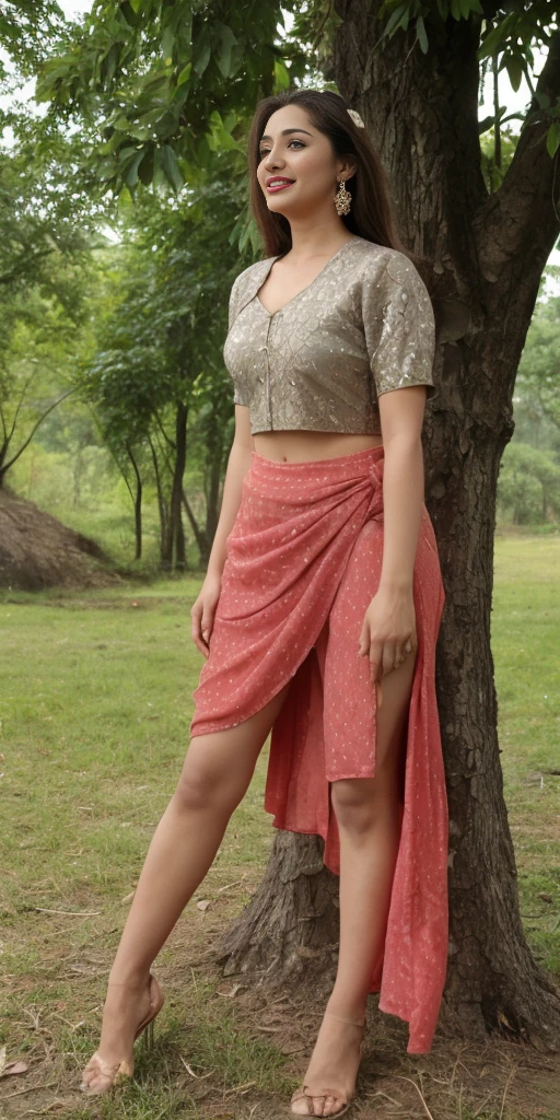 A girl in long kameez without pajama pant, she holds her pajama in hand. little bit of her legs and thigh are visible from side of her kameez. Picture rotate take from side angle.