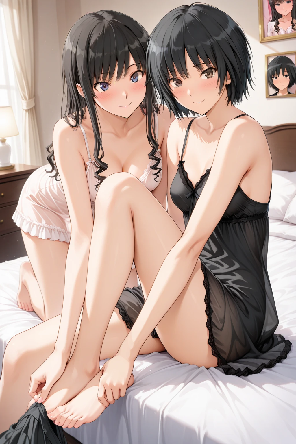 finger to mouth,from front,front view,looking at viewer, looking ahead,from above,cowboy shot,2girl,Two people standing side by side,Beautiful 11 year old girl,Japanese,Slender,,low length,Small breasts,Thin legs,Small Ass,Baby Face,Small face,Black Hair,Row Twin Tails,Gray Eyes,Drooping eyes,middle School girls,Sheer black and pink negligee,Sexy Lingerie,open mouth,tongue out,front face,Kneeling,Straight Stand,Beautiful and detailed anime art,Mischievous smile,Sexy vibe,cum on tongue,Dimly lit room,On the bed,Simple Background,Gray background,Low lighting,