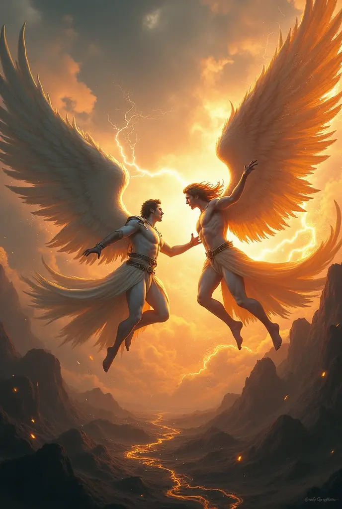 I want a landscape with two children, but they are both men flying with wings and entering a portal.
But make it perfect.