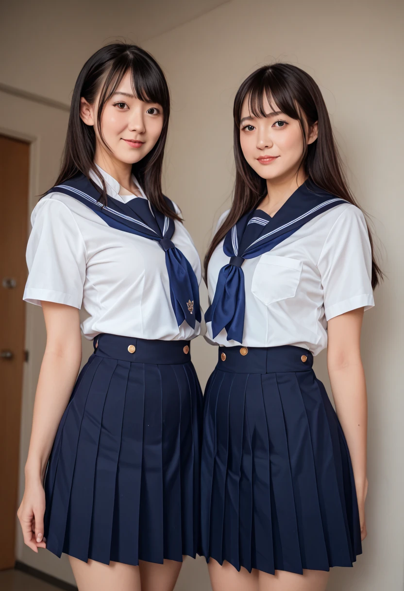 ((Two beautiful Japanese girls:1.3)) ((Uniforms:1.4)) ((Filming:1.5)) ((Middle School)),((Dark blue skirt:1.3)) ((in the classroom:1.3)) ((Thin_Fabric:1.4)) ((Casual sexy pose:1.3)) ((Sweating:1.5))((Blushed:1.4)) ((Large Breasts:1.4)) ((close up:1.2)) best quality,masterpiece,Ultra-high resolution,(Reality:1.4),RAW photos,(Realistic skin texture:1.3),(Film Grain:1.3),panoramic,a character portrait,Very wide-angle lens,Willow Waist,Cowboy shooting,(in the darkness, Deep Shadows, Low profile, Cold Light,) night,(()),Tears streaming down my face,,dust,Tyndall effect,(Express),1 Girl,Beautiful and detailed eyes and face,White Jabot,Brown eyes,((brown hair:1.2)) ((whole body:1.3)) ((Smile:1.3))
