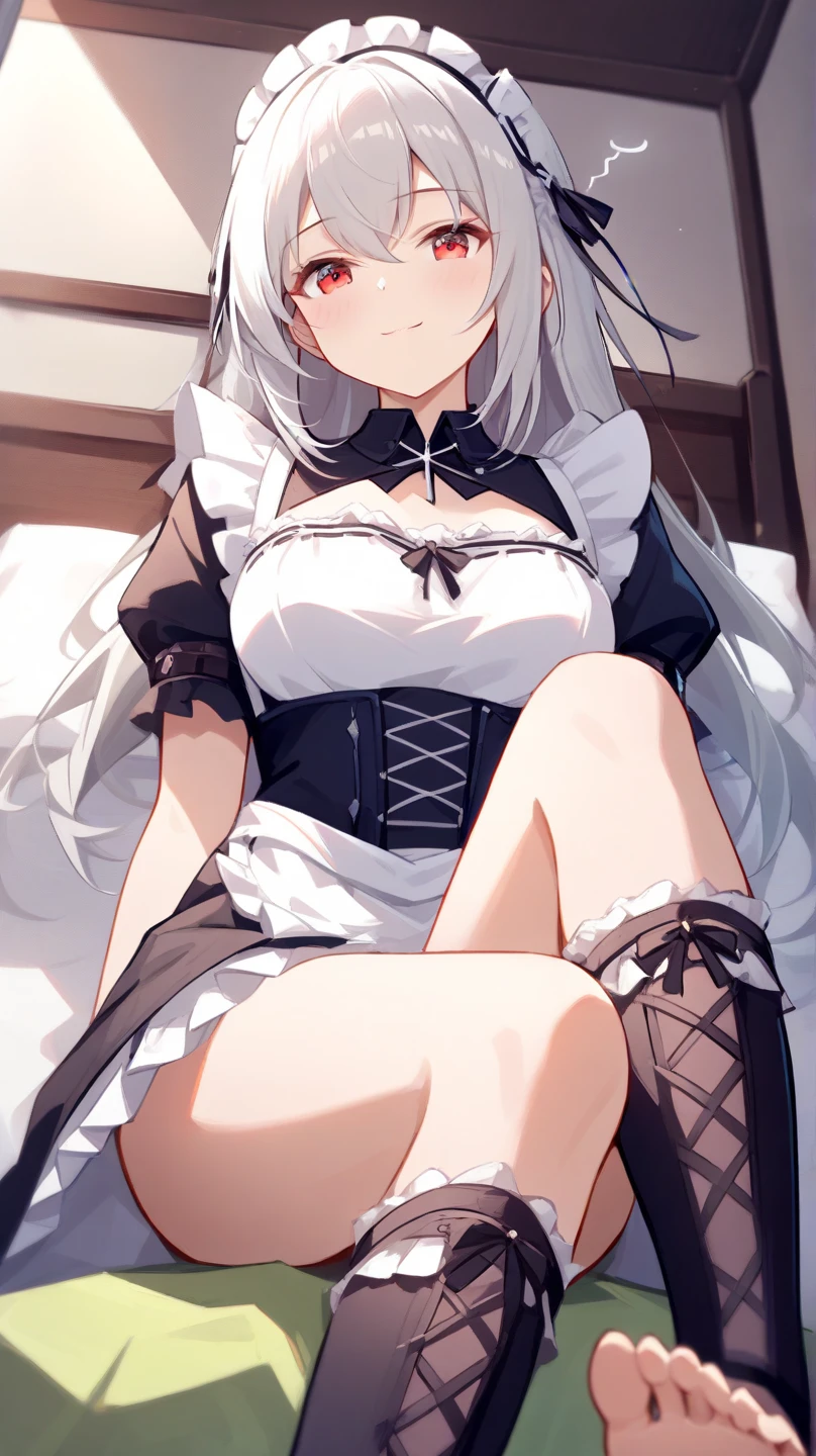 masterpiece,best quality,highres,ultra-detailed,aaloo,long hair,two side up,bangs,hair ribbon,(black hairband:1.2),breasts,(corset top:1.2),(garter belt:1.2),garter straps,choker,thighs,(embarrass:1.2),sitting,squatting,_open_legs,indoors,over-kneehighs,(panties:1.2),