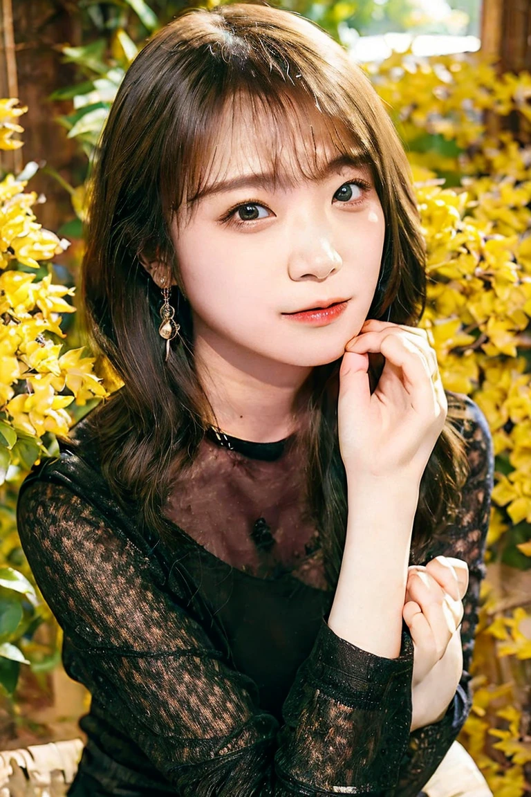 best quality, masterpiece, (photorealistic:1.3), a woman in a green dress and her hands making love sign, 1girl, bangs, bracelet, earrings, fangs, jewelry, lips, looking_at_viewer, makeup, open_mouth, photo_\(medium\), realistic, short_hair, simple_background, smile, solo, teeth, upper_body, watch, Yabuki Nako, brown_hair, grin, head_tilt, <lora:Nako-obentoai-v1:0.8>