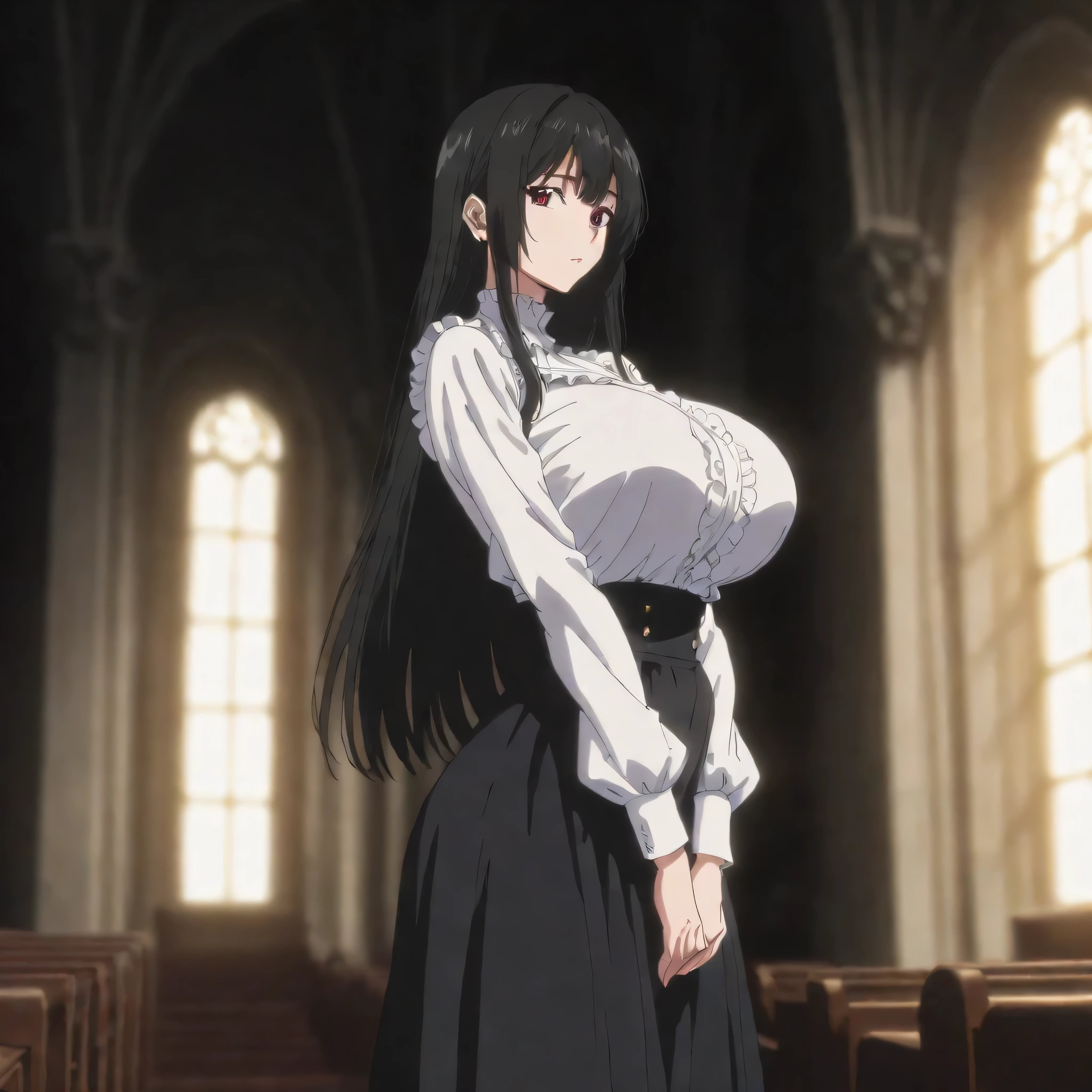 score_9, masterpiece, best quality, huge filesize, depth of field, exquisite picture, advanced light effect, newest, highres, detailed face, detailed eyes, dim lighting, Cinematic Lighting, solo, a skinny girl standing in church, (V arms), arched back, looking at viewer, frilled white blouse, black very long high-waist skirt, black long straight hair, huge breasts, narrow waist