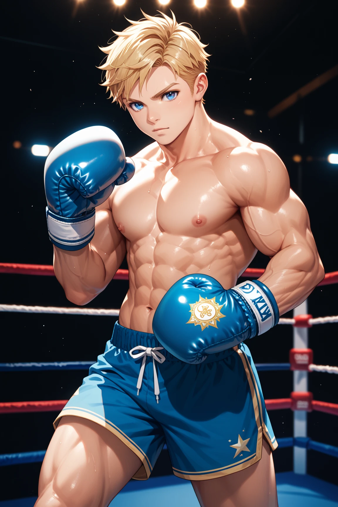 score_9, score_8_up, score_7_up, source_anime, score_6_up, score_5_up, score_4_up, BREAK 1guy, heavy weight muscular, black wrestling bikini, solo, topless, blonde, fighting stance, hollywood action, masculine handsome guy, tsurime, sanpaku, blue eyes, spiked hair, nipples, abs, male high ratio body proportions, dramatic expression, dutch angle, on wrestling ring, thick waist, stocky waist, slighty chubby, muscular plump, 1990s, cinematic shadows, cinematic lighting, lens flare, light leaks, VHS Quality