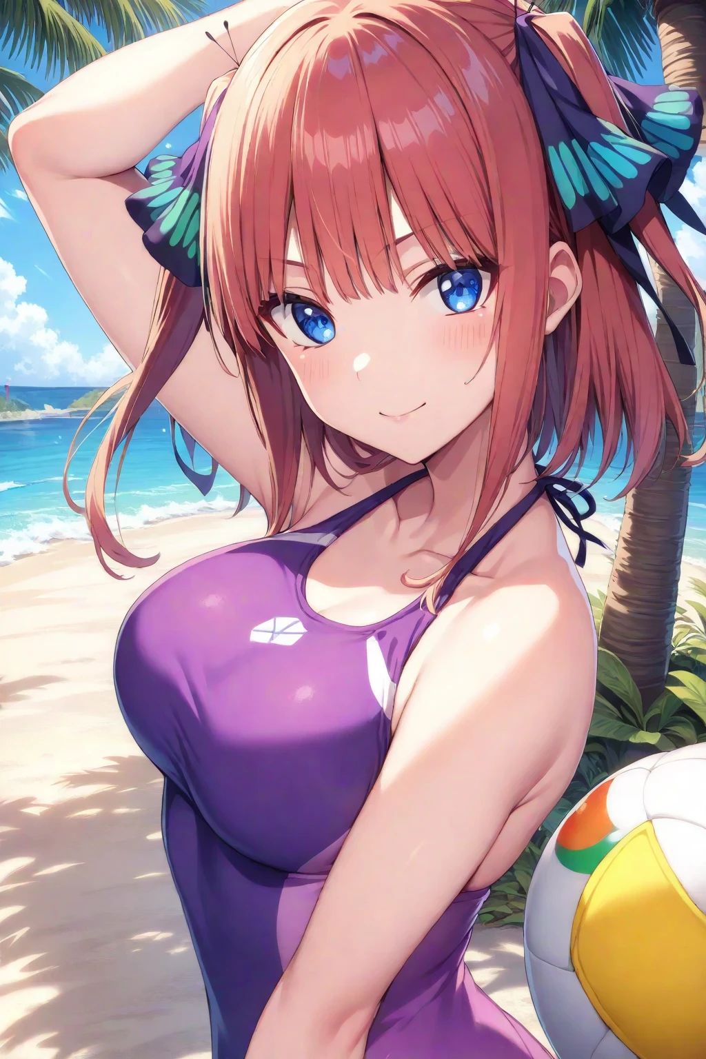 best quality, ultra-detailed masterpiece, nino nakano, large breasts, blush, smile, bikini swimsuit,low angle shot