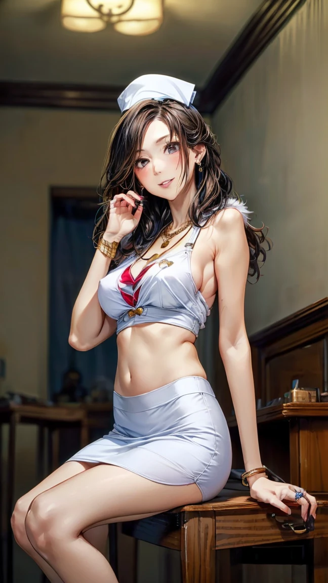 a realistic goddess adult woman with a detailed face and small beautiful eyes,surrounded by ethereal light, 1girl,closed mouth, intimate smile, perfect skin, tan skin,,,(school outfit, red and black outfit, realistic japanese dress with patterns and chains, crop top:1.3),(black stockings: 1.4), (black panty :1.2),jewelry, crystal earrings,bracelets on her wrist, (dark brown hair, realistic hair,absurdly long hair:1.4), (ivy, tall grasse:1.2), two thin elven ear,navel piercing, navel jewelry, (dark blue eyes:1.3), ring,, A girl that is a Perfectly Beautiful Woman, 1girl, adorable powerful charm, with a face radiating cuteness and an irresistible cute expression, gorgeous fantastic indoor classroom, in a cozy japanese wooden room, setting that enhances her approachable and inviting demeanor, intimate warmth , reflecting her cute and attractive qualities, high resolution, best quality, 4k, sensual, perfect body, (small breast : 1.3), slightly (chubby:1.15), (muscular thigh ,curvy muscular leg,curvy body:1.25),sexy, full body portrait, amazing details, striking eyes, perfect face, (detailed background, dynamic angle, dynamic pose,from the side, from the left, full body shot :1.2), fingers in hair, one hand in her hair, touching her hair, the other hand on her thigh, sitting cross leg, stretched out legs, feet in the front, stocking feet, illustration style,cinematic Contrast, dim light, low diffuse light, photo grain, strong shadow, selfie shoot, wide camera angle
