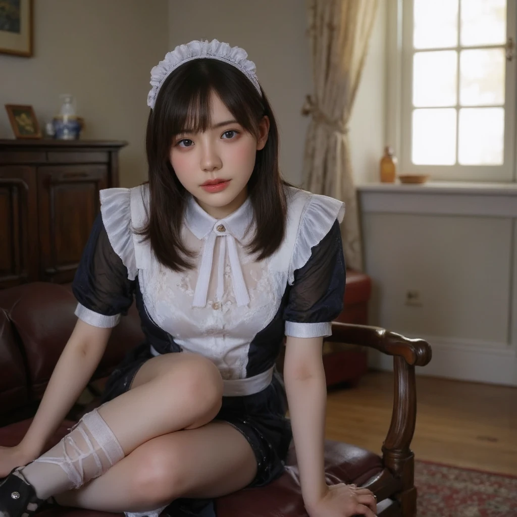 (8k、RAW Photos、highest quality、masterpiece:1.2)、(Realistic、Realistic)、1 girl、(from below:1.3)、(See-through、small Breasts、slim, skinny legs ,View from the front、Cute maid Costumes、Are sitting,up arms,)),smile,detail face,detail skin ,twintails,correct finger