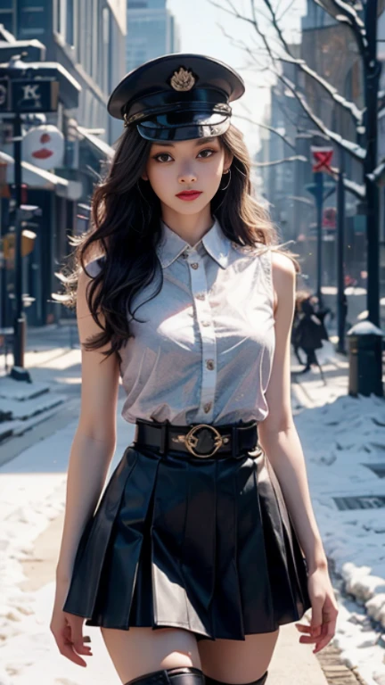 (top-quality、hight resolution、masterpiece:1.3)、Tall and cute woman、Slender Abs、Dark brown hair styled in loose waves、 cute face, beautiful countenance, (Lifelike face), Beautiful hairstyle, realisticeyes, beautiful detail, (real looking skin), Beautiful skins, enticing, The ultra -The high-definition, A hyper-realistic, ighly detailed, (small tits:1.3), (cleavage of the breast:0.8)、White button-up shirt、a belt、Black leather tight skirt、Like Emily O'Hara Ratajkowski Japan,breastsout、Wearing a pendant、White button-up shirt、a belt、Black leather tight skirt、(Modern architecture in background)、Details exquisitely rendered in the face and skin texture、A detailed eye、二重まぶた、(Modern architecture in background)、