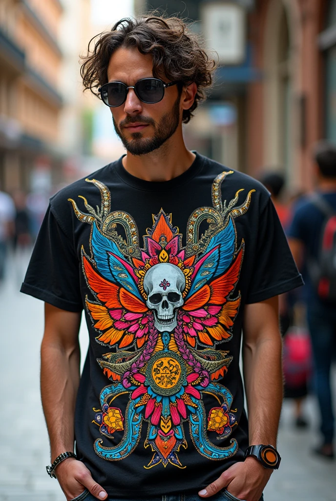 in psychedelic style, a representation of the Day of the Dead in a multiple father and son moment, with feathers ,magnificent and detailed. Lots of texture and an explosion of dark colored powder in the background, 8K