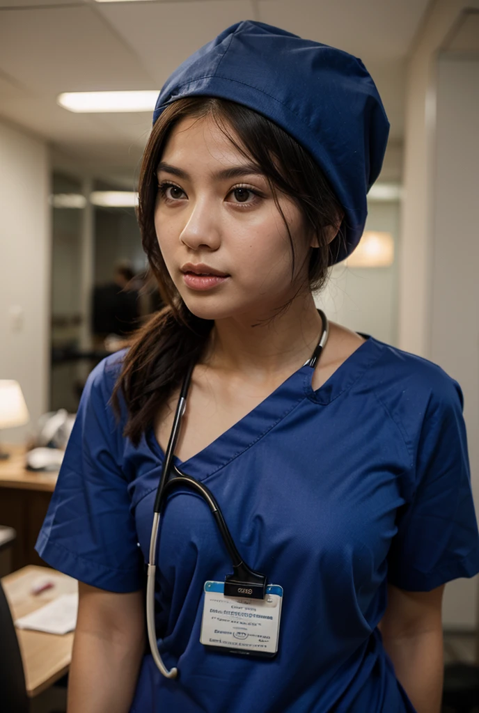 ((8K)), highest quality, 超High resolution, (Surreal)、(High resolution), 1 girl, nurse, Japanese, ((right blue nurse costume)), Overweight, Extremely fat, ((Chubby)), ((Shy-Smile)), int the hospital room, hospital