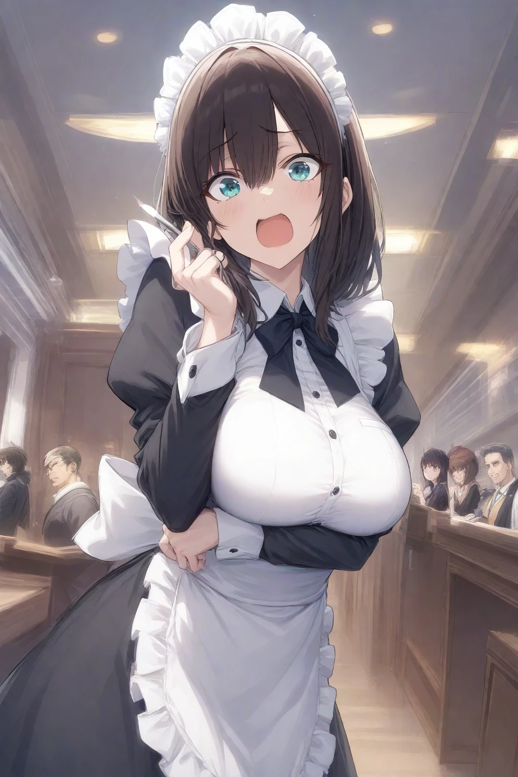 A woman wearing a black maid outfit and a white skirt, White Stockings, Tight corset, Showing off her huge curves, Mohawk hairstyle, Very beautiful. Surrounded by older gentlemen who admired her. She starts to brag playfully., Get noticed. She faces the viewer, Laughing happily, In a futuristic subway setting. Anime Style, masterpiece, Highest Resolution, quality, detailed, Sharply focused, Professional image,