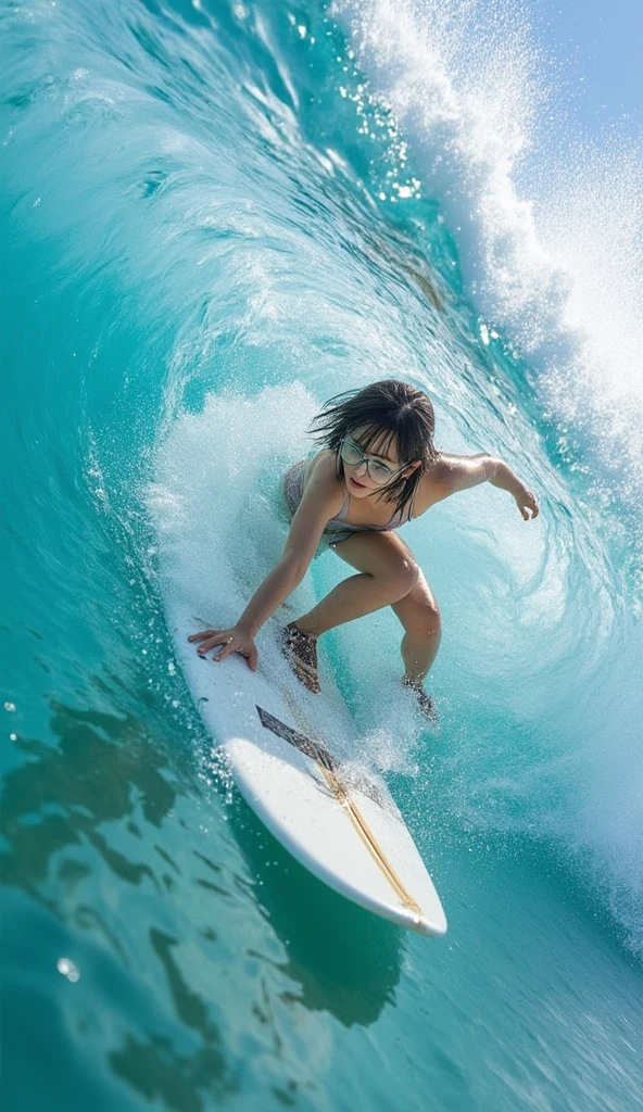 make her sit on a surf in the middle of the sea with the coast in the background 