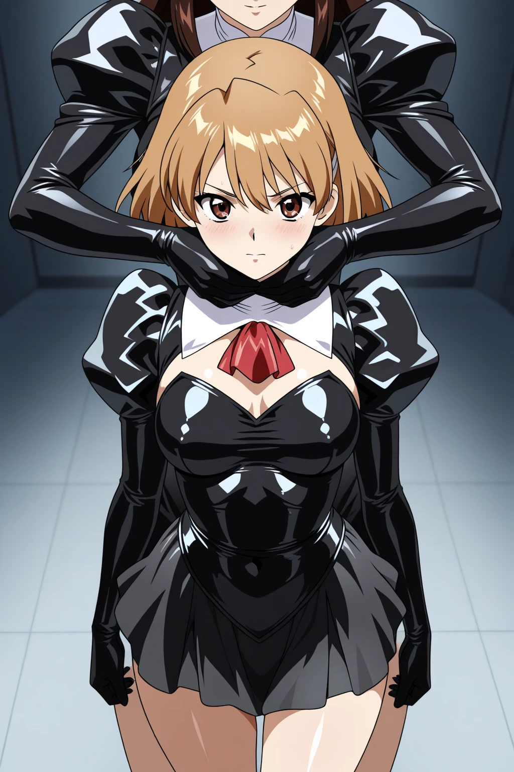 1 girl,iroha,NSFW, clavicle, absurd, brainwashing,Combatant, empty eyes,((purple glowing eyes 1.5)),modest chest, fearless smile,((black latex tight bodysuit)),look away , whole body shape, ((stand up, salute)),(highest quality、4k、8K、High resolution、must have:1.2)、Super detailed、(reality、that's reality的な、reality的な:1.37)、ticker、hyper hd、studio lighting、ultra definition paint、sharp focus、Physically based rendering、extreme details、Professional specifications、vibrancy and color、blurry、sports portrait、landscape、horror style、anime big breasts、SF、photograph、concept artist、five fingers, perfect body, {{{masterpiece}}}, {{{highest quality}}}, {{Super detailed}}, {shape}, {{very delicate and beautiful}},Improved cost performance、all roles、Canon 5D MK4でphotograph、photograph,