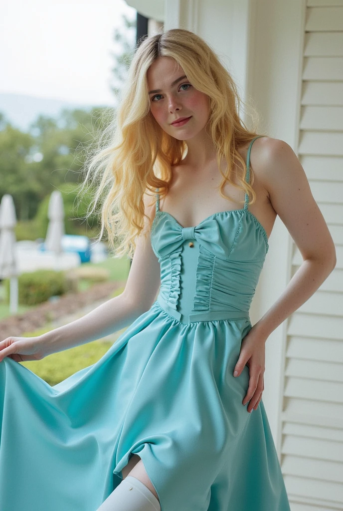 fais moi une femme blonde aux yeux bleu avec un beau sourire. tu lui met une robe à fleur rose. et elle est assise sur une chaise dans un beau. jardin. ensoleillée