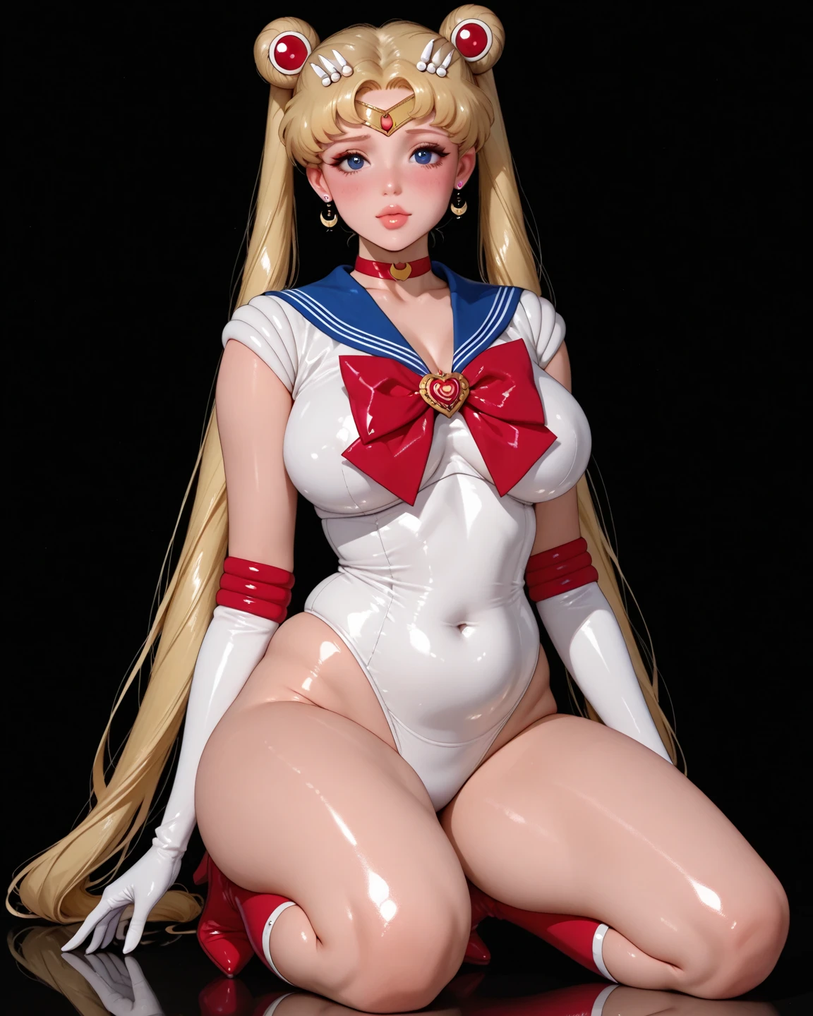 (Best Quality, Ultra High Resolution, Masterpiece, RAW Photo, Realism: 1.6), 16K, ((Sailor Moon Sailor Moon Costume: 3)) from Sailor Moon, (1girl with open navel), (huge: 2, thick thighs: 3), (blue miniskirt: 2, long white-blonde hair: 1.8, white stockings, mature smile), kneeling, white background
