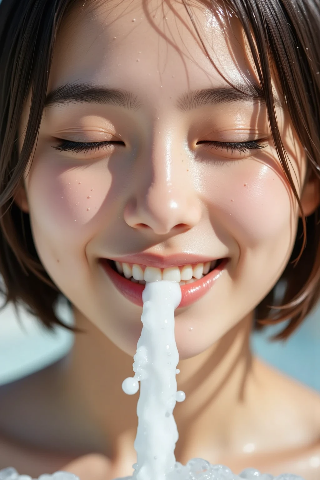 (Highest quality, 4K, 8k, High resolution, masterpiece:1.2), Very detailed, (Realistic, photoRealistic, photo-Realistic:1.37)、smile、black halter sleeveless、(((Bukkake)))、parted lips,