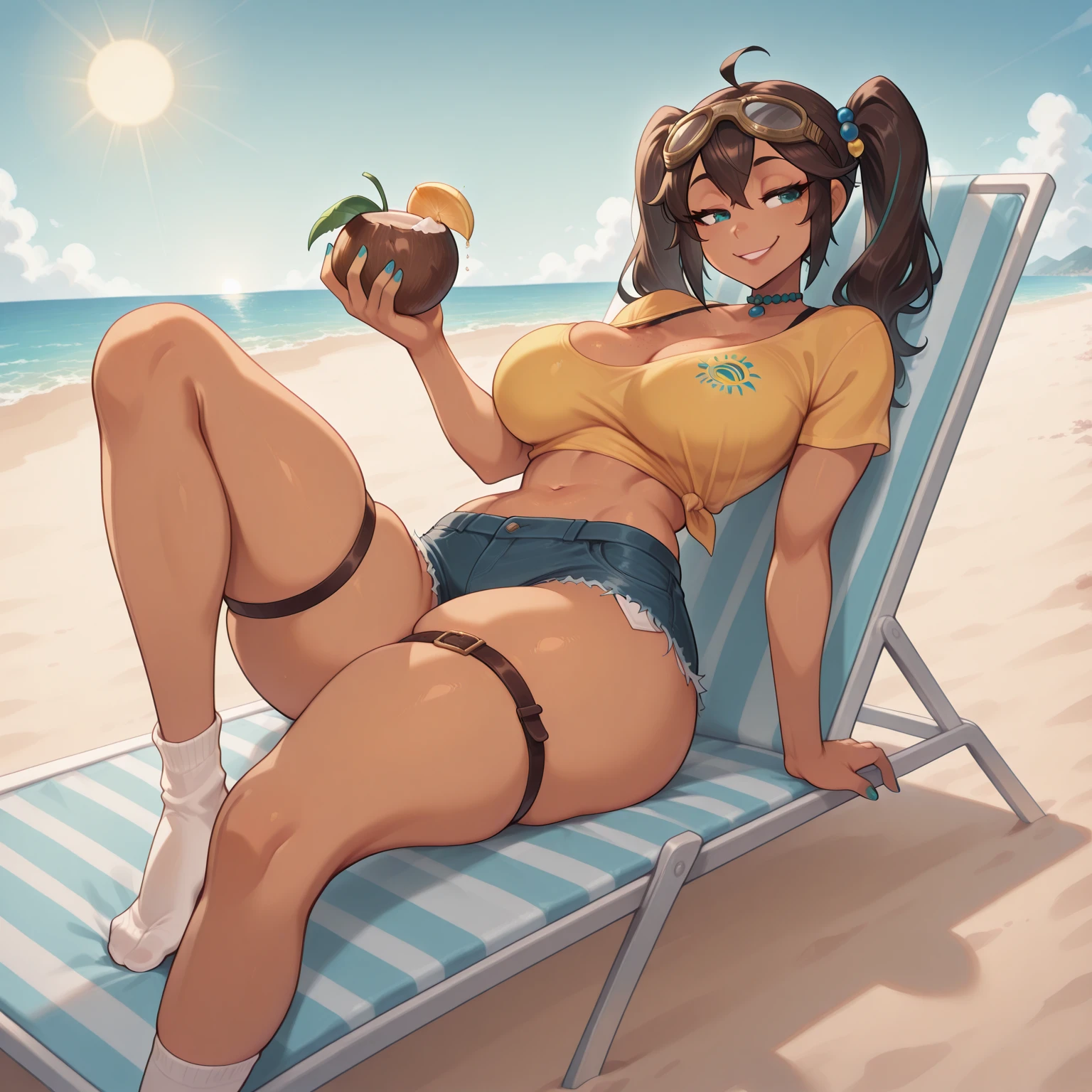 High resolution, high quality, One girl, Anime Girls,Brown long hair, Brown eyes, Pink Glasses,heart shaped pupils,Sunburned skin, Large Breasts,beautiful breasts,pointy breasts,long nipples,(Big Ass),beautiful ass,Embarrassed,Tank Top,lower body,sweat,wet,open legs,cherryblossom,at cafe,(lemon juice),(orange juice),(Pineapple juice),(Mango juice),(water),