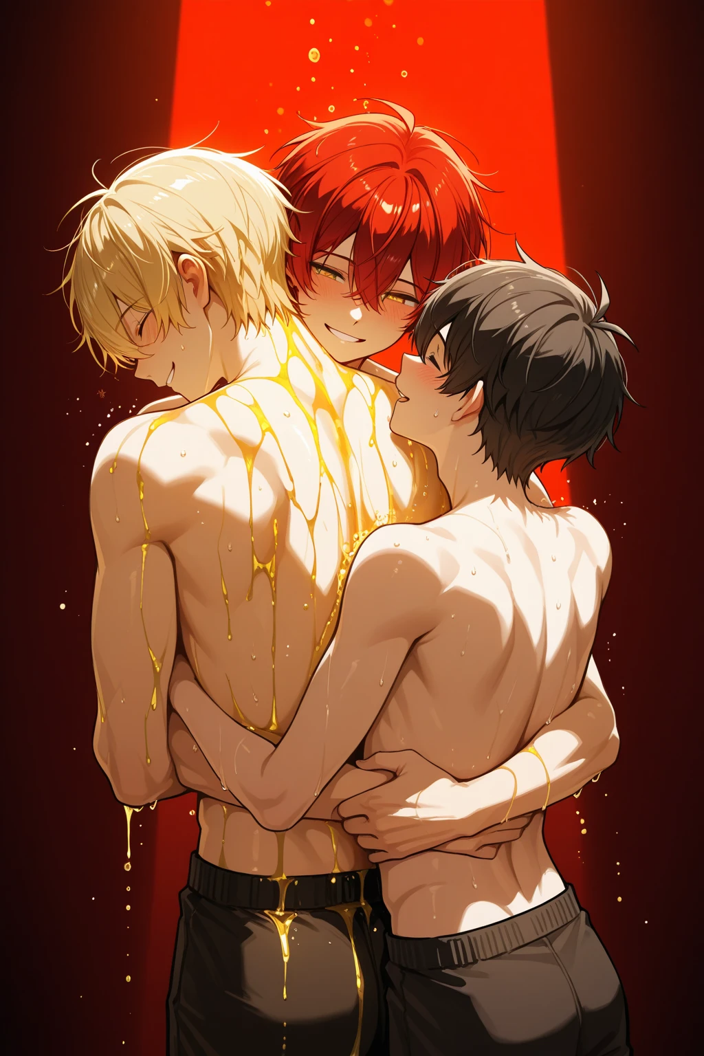 Highest quality, movie quality, two children of a gay couple, a licking nipples in the bedroom, a boy (10 years old, smallpenis，blonde and red hair, slender, upper body is naked, lower body is a jog strap, sweat and breath), the background is a night bed