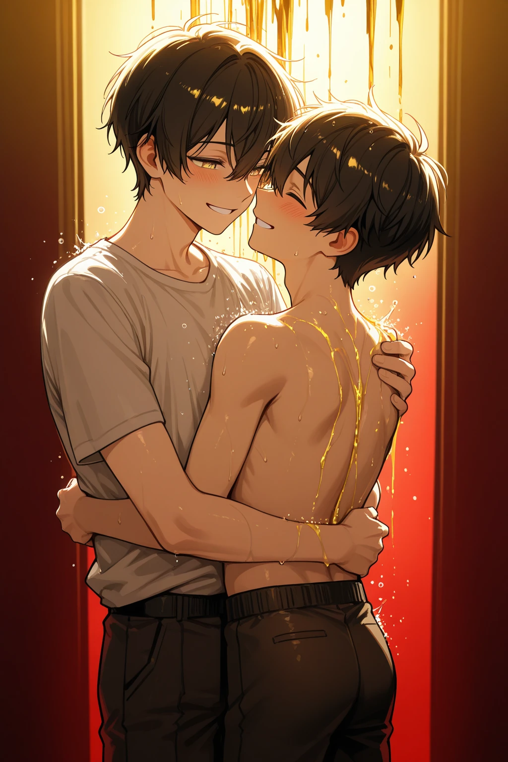 Two boys, private room, topless, sweaty, embarrassed, erection, penis visible, anime style, full color, skin color, pre-cum, wet penis, plump, young men, facing each other, holding hands, kissing, young style, eyes closed, convulsions, trembling