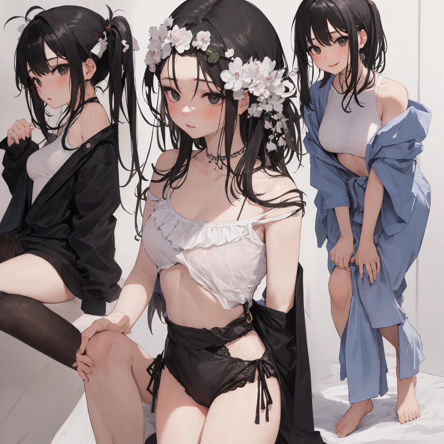 Very detailed, highest quality, High resolution, Moe Anime, ((4 cute girls with super droopy eyes)), (Black Hair:1.5), Blue Eyes, Sparkle in the eyes, (Big Eyes:1.4), (tareme:1.4), View your viewers, Focus on the face, In the park with cherry blossoms falling, ((The upper half of the body is a see-through negligee and the lower half is naked.)), ((nsfw)), ((Very short hairstyle:1.5)), (Slightly below:1.2), ((Flat Chest:1.4)), (arms behind back:1.6), (wide eyed:1.4)