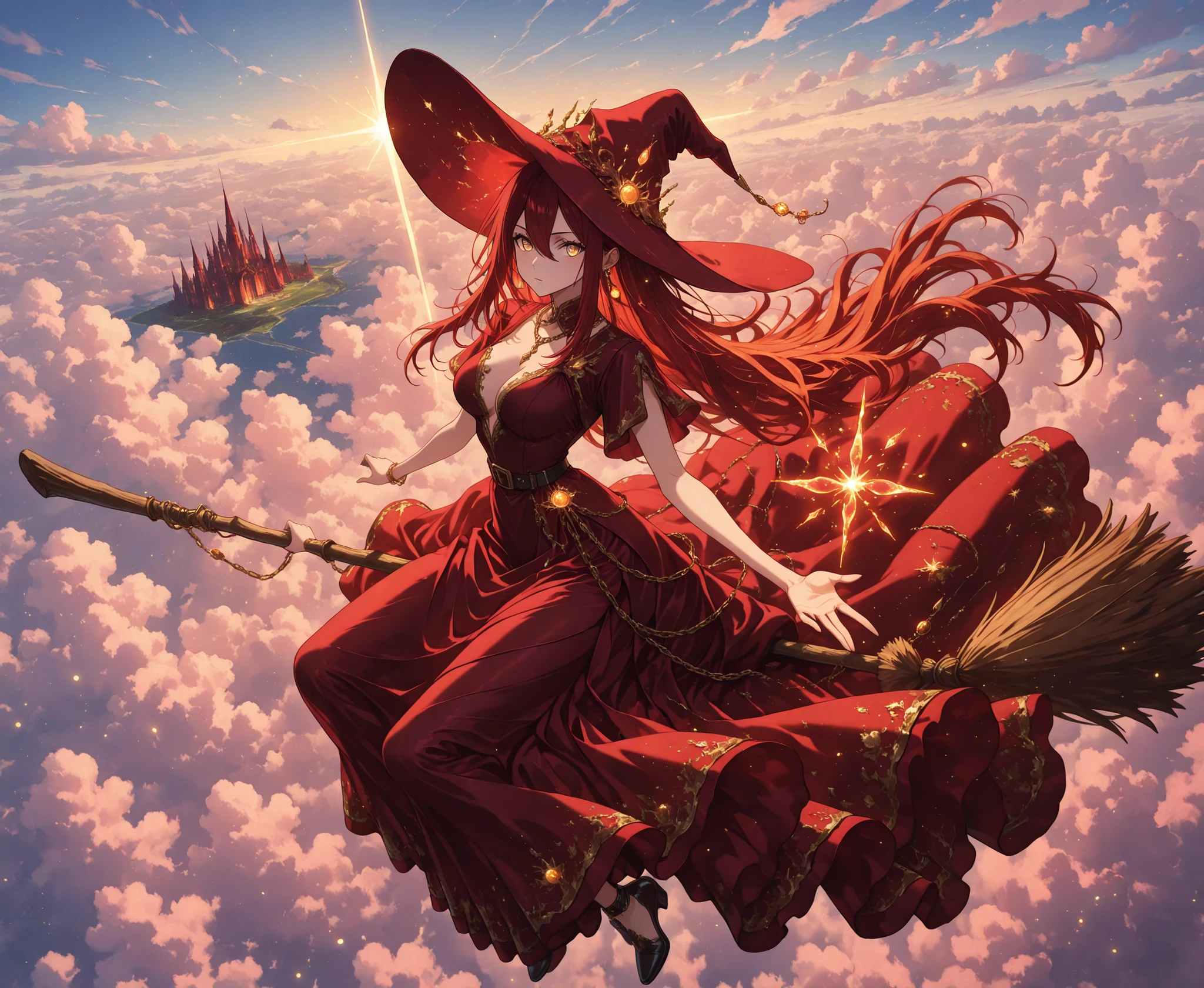 fantasy_dress_lora, ornate_outfit_style, elegant fantasy dress, enchanted outfit, asymmetrical fashion, layered fabric, shimmering fabric, magical embroidery, silk dress, flowing dress, fantasy jewelry, ornate accessories, intricate ornaments, rich colors,bioluminescent elements, magical light, glow bioluminescent elements, glow magical light, mystical atmosphere, captivating atmosphere, ethereal elements, exude charm and wonder,1 girl, Ryu Shana, golden eyes, ((burgundy hair)), (red hair:0.9), very long hair, hair between eyes, long sidelocks, , witch, red witch costume, huge witch hat, flying on broom, chain necklace, earings,  broom riding, solo,   sky, cloud, day, outdoors, dress, looking at viewer,   black footwear, belt, short sleeves, sidesaddle,   under her a  fantasy castle, isekai, fantasy world, kingdom,  colorful glass, transparent illustration, from above, wide shot, open arms for viewer, masterpiece, ultra detailed, very wide shot, ultra wide shot,perspective, cinematic lighting, cinematic shadows, scenery, 