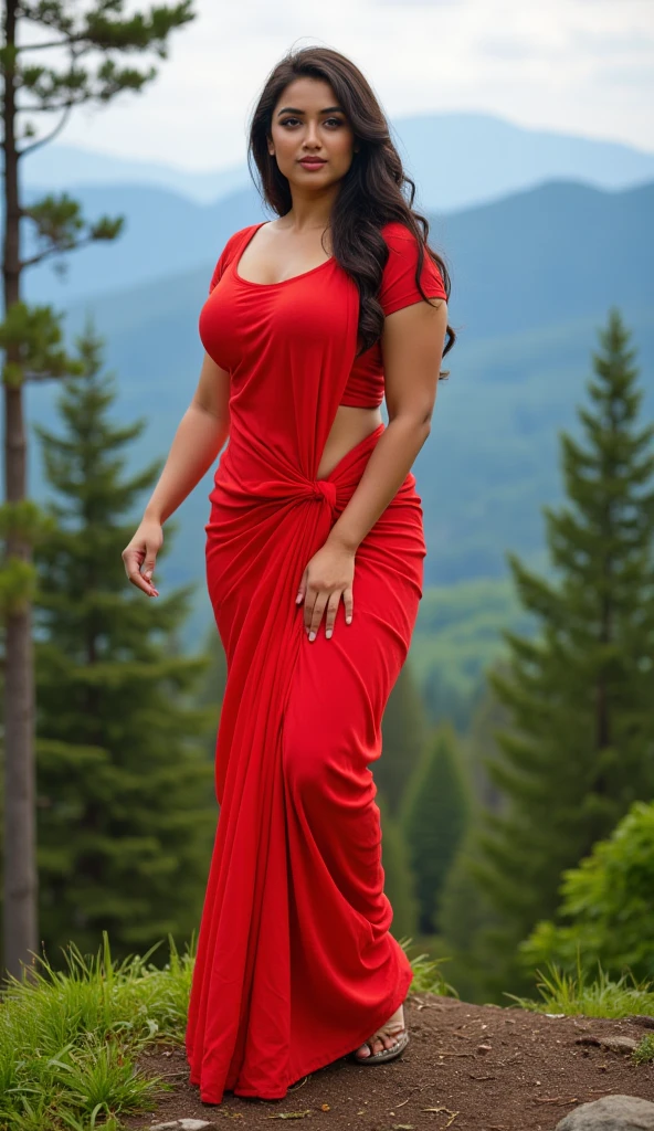 (realistic) Malaysian woman on her knees floor in a long dress , rear view , bodycon, full length dress, red dress 