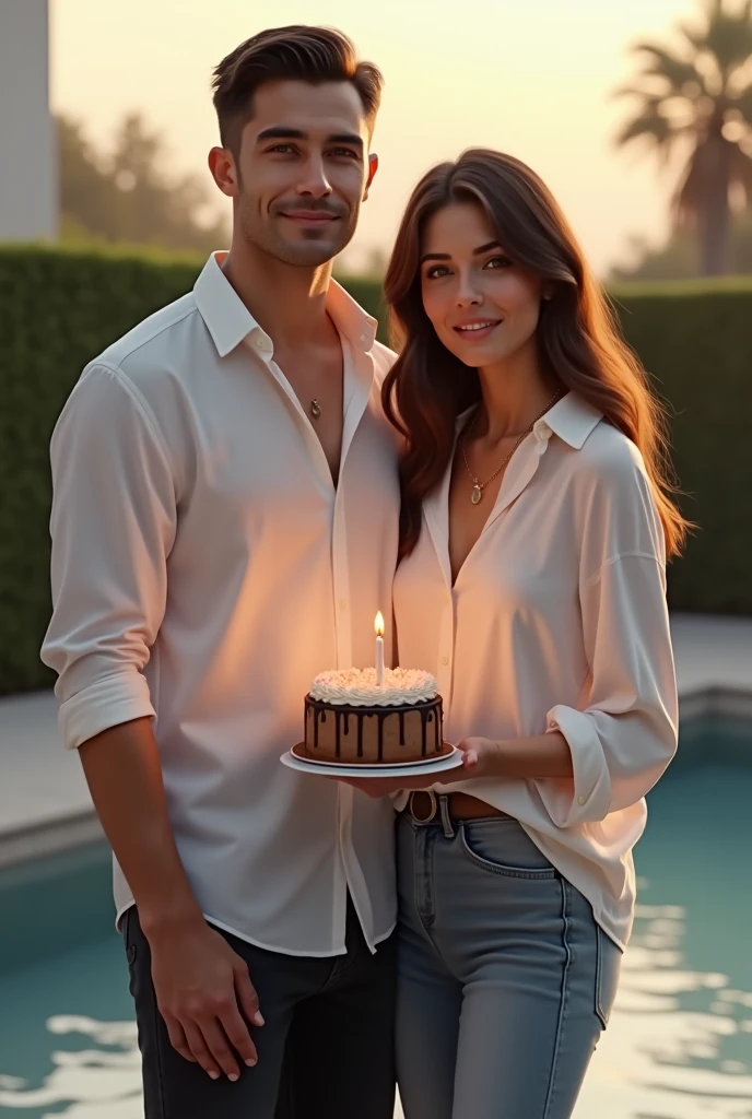 Celebrating birhtdays couple. Super Beautiful woman. And super handsome man . Ultra realistic detalied. Ramnce background cafe. In the midnight. Together blowing candle.