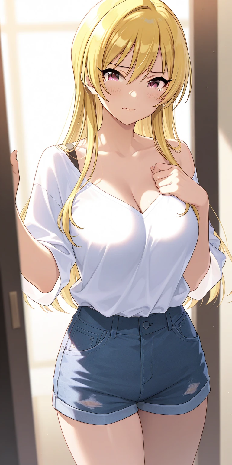 ((masterpiece, best quality, highres, UHD, RTX, perfect pixel, depth of field, 4k, extremely-detailed))), 1girl, single, solo, beautiful anime girl, beautiful artstyle, anime character, ((long hair, parted bangs, middle part hair bangs, blonde hair)), ((blue eyes:1.4, rounded eyes, beautiful eyelashes, realistic eyes)), ((detailed face, smirking)), ((smooth texture:0.75, realistic texture:0.65, photorealistic:1.1, anime CG style, vibrant color)), ((ample breasts, cleavage:0.9, busty)), dynamic angle, perfect body, ((POV, dynamic pose)), ((white spaghetti straps, jeans, women belt, fashionable, single handbag, 1diamond necklace)), doorway, luggages, 