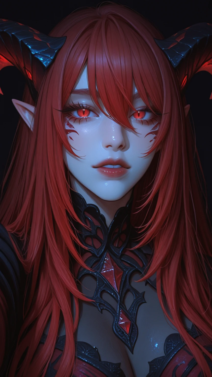 A mature female, red eyes,elf ears, ((evil smile)),((evil stare)) fangs teeth, close-up portrait, red hair, (best quality,4k,8k,highres,masterpiece:1.2),ultra-detailed,(realistic,photorealistic,photo-realistic:1.37),HDR,UHD,studio lighting,ultra-fine painting,sharp focus,physically-based rendering,extreme detail description,professional,vivid colors,bokeh,portrait
