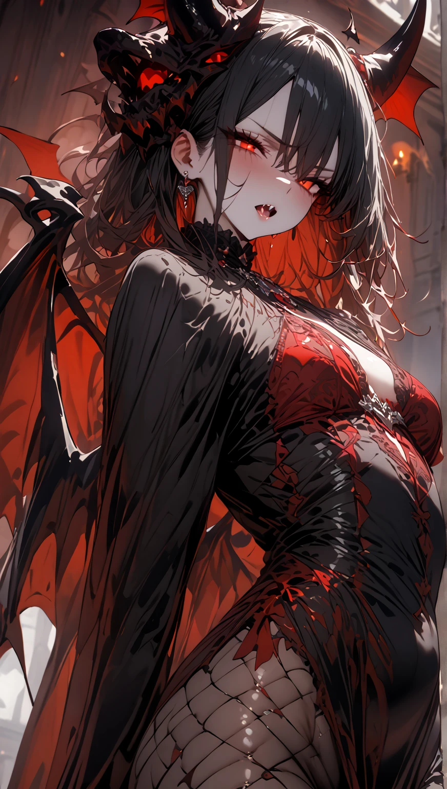 Create an image of Stunningly gorgeous beautiful perfect hr giger tattooed sexy seductive demonic girl, Stunningly gorgeous perfect flawless sexy face, hyper detailed neon ruby, large firm breasts, full body view, nude,
