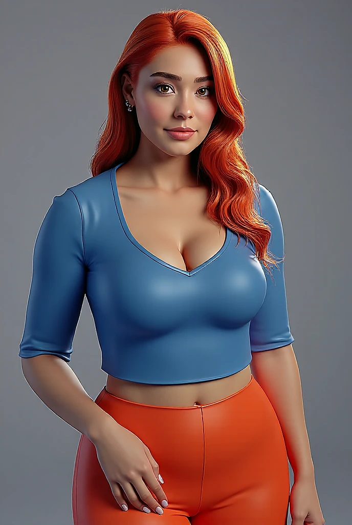 Red hair, blue crop, tall, slim waist, firm breasts, sporty hips. Beautiful photos taken at night.
