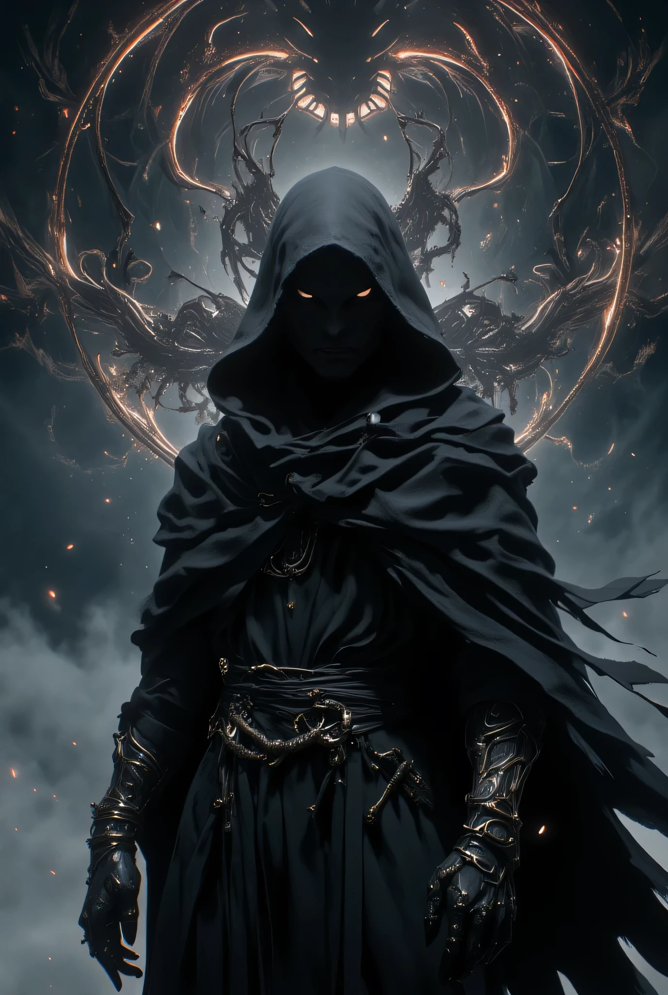 {prompt} Concept art inspired by Raymond Swanland is trending on DeviantArt. Gothic Art, Dark Fantasy Art, Dark Fantasy Art, Dark Art. A mysterious, hooded figure, covered in a black cloak with only his eyes visible, stands against a swirling backdrop of mysterious creatures floating in the shadows (Mystery: 1.2). The figure is the center of the composition, radiating magic and dark power. Soft, dramatic lighting emphasizes the intricate details of the cloak, emphasizing the texture of the fabric. The expression is solemn yet powerful, adding depth to the character (Mystery: 1.2). A subtle dark energy is entwined around the figure, creating a sense of movement and chaos (Dynamic: 1.2). The background is sharply contrasted, with brighter tones that help the character stand out. Avoid stark facial features or excessive brightness (Negative: Bright colors, Cartoony elements). Suitable for those who enjoy fantasy art.