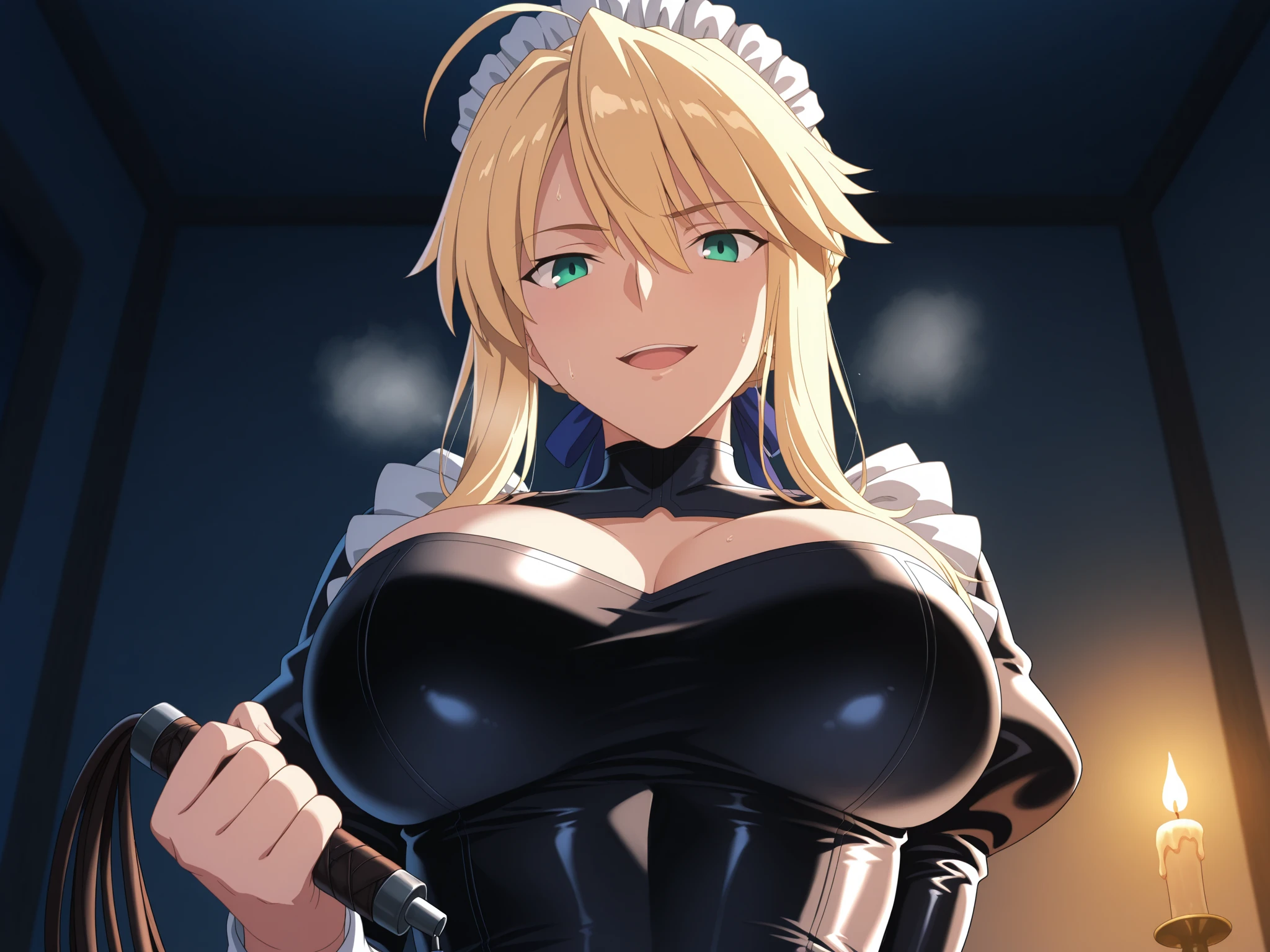 (highres, best quality:1.2), intricate details, vibrant image, sharpness, colorful, bakumilf, solo, mature female, spiky hair, blonde hair, bathroom, maid uniform, hands on hips, smirk  <lora:Mitsuki-10:0.9>
