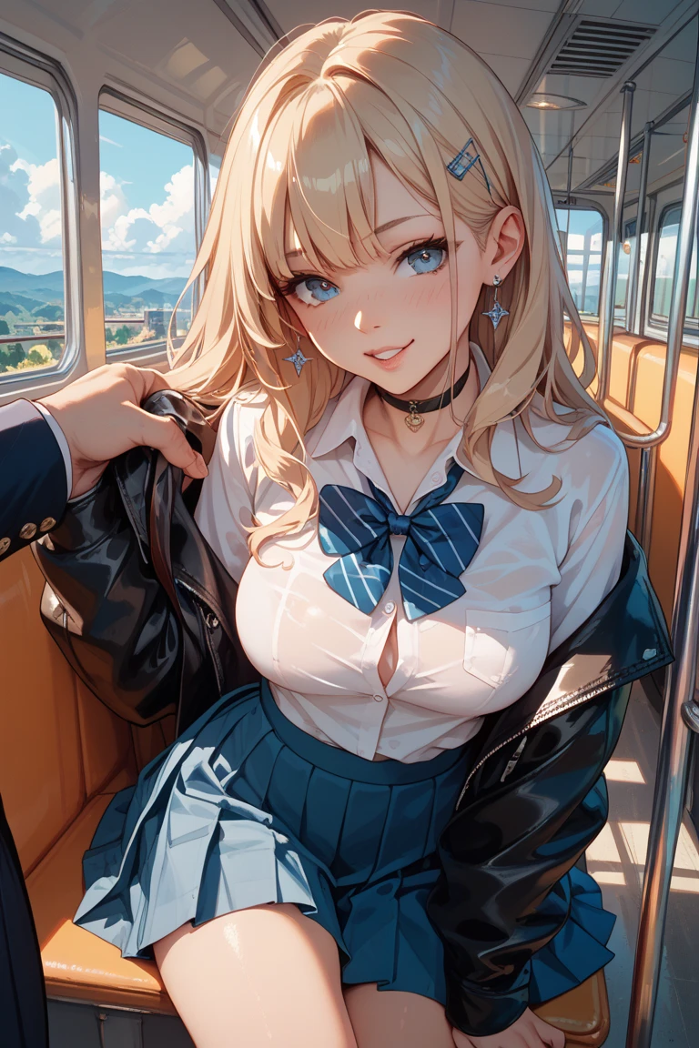 最high quality、best image quality、masterpiece、teenage girl((18-year-old、 By becoming、vest bust、medium bust,wide open breast tea、black eye, blonde hair、Habitual hair、long hair、thin,highest valley、blue shorts、smile、heart tattoo、Black Short Sleeve Jacket、sit on a chair、white shirt)),high quality、beautiful art、background(On the plane、first class、red wine))debris flies、Depth of written boundary、movie、visual art、perfect art、8K,genuine